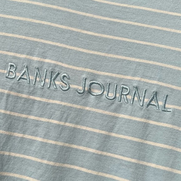 Banks Journal Embroidered Logo Blue & White Stripe T-Shirt | Soft Organic Cotton - Picture 4 of 12